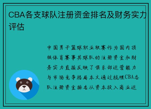 CBA各支球队注册资金排名及财务实力评估