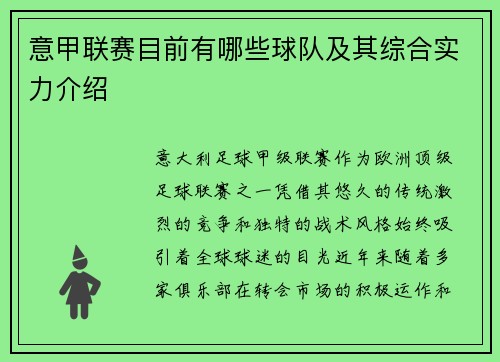 意甲联赛目前有哪些球队及其综合实力介绍